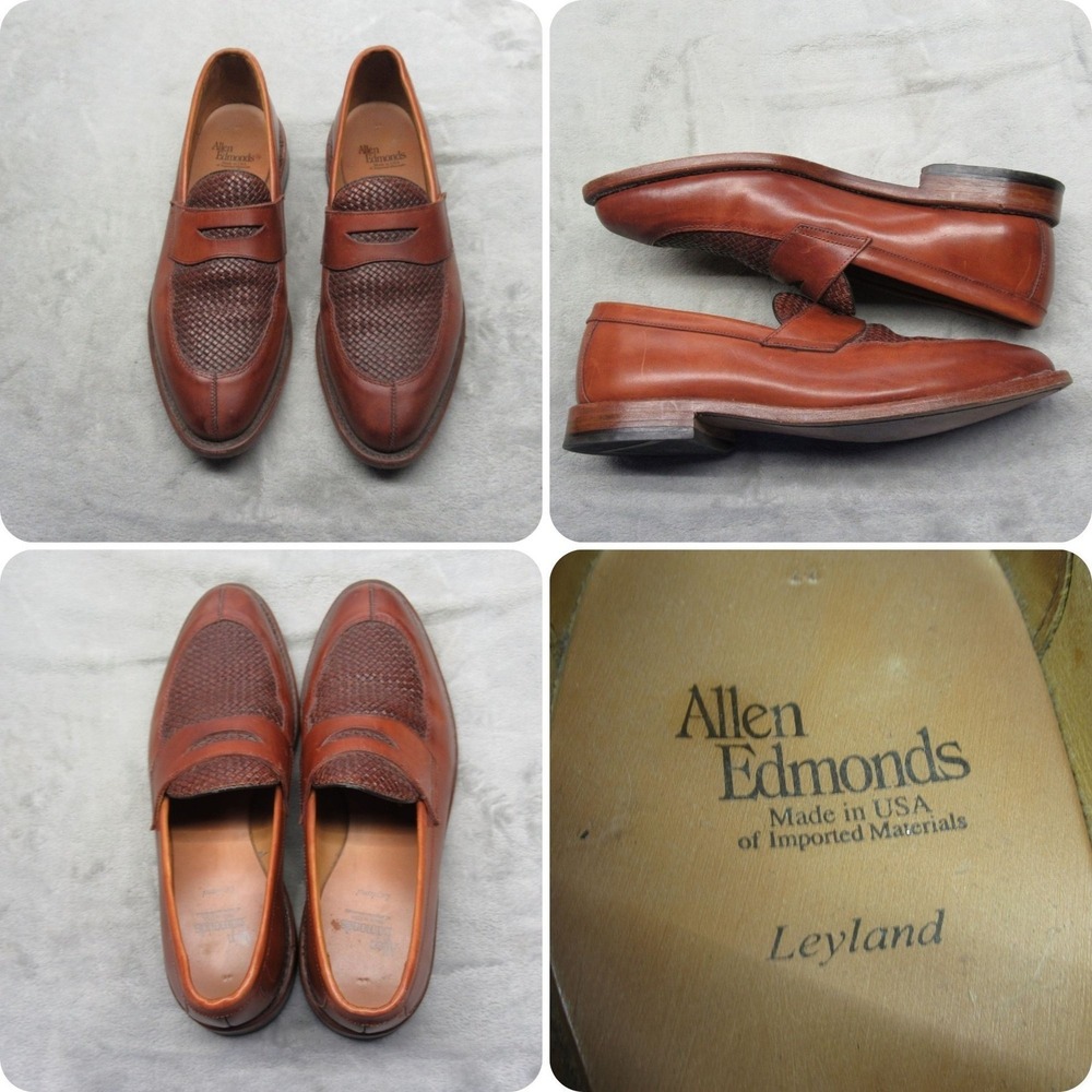 Allen Edmonds Leyland Shoes Mens 8.5D Brown Woven Leather Penny Loafer Dress